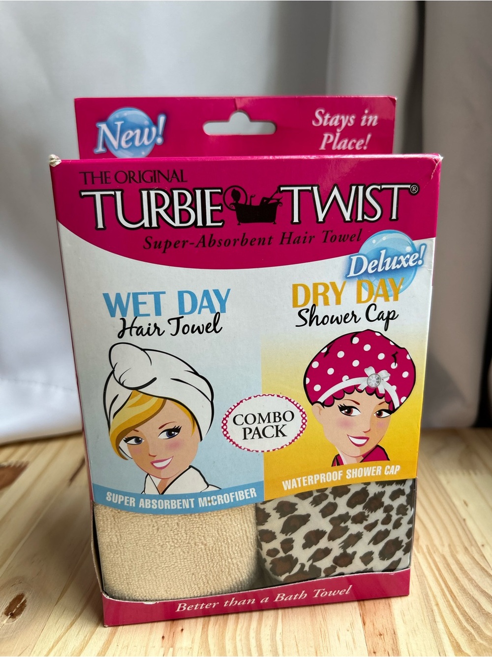 NIB Turbie Twist Combo Pack Deluxe - Tan Microfiber Towel & Leopard Shower Cap